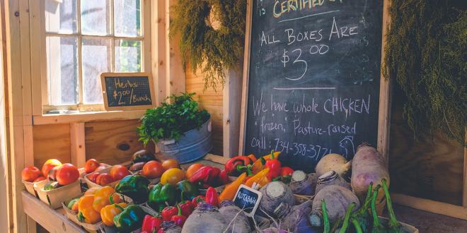 An organic fruit and vegetable stand.