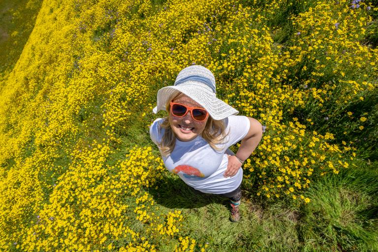 Overhead view of a woman in a yellow wildflower field wearing hiking clothing and a straw sun hat.