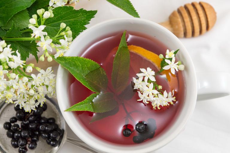 A cup of elderberry tea, with a lemon slice and honey